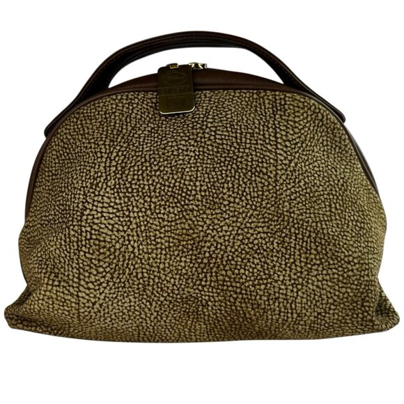 Borbonese Handbags - Borbonese Redwall Brown Tan Suede Leather Double Top Handle Bag Quail pattern